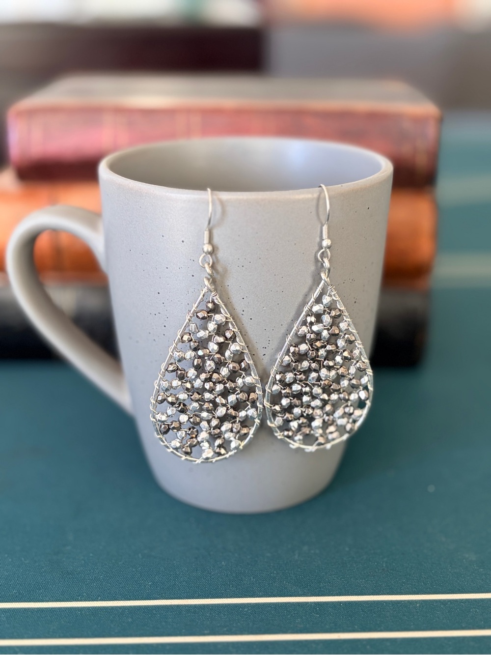 Silver Teardrop Beaded Dangle Earrings - Women Jewelry